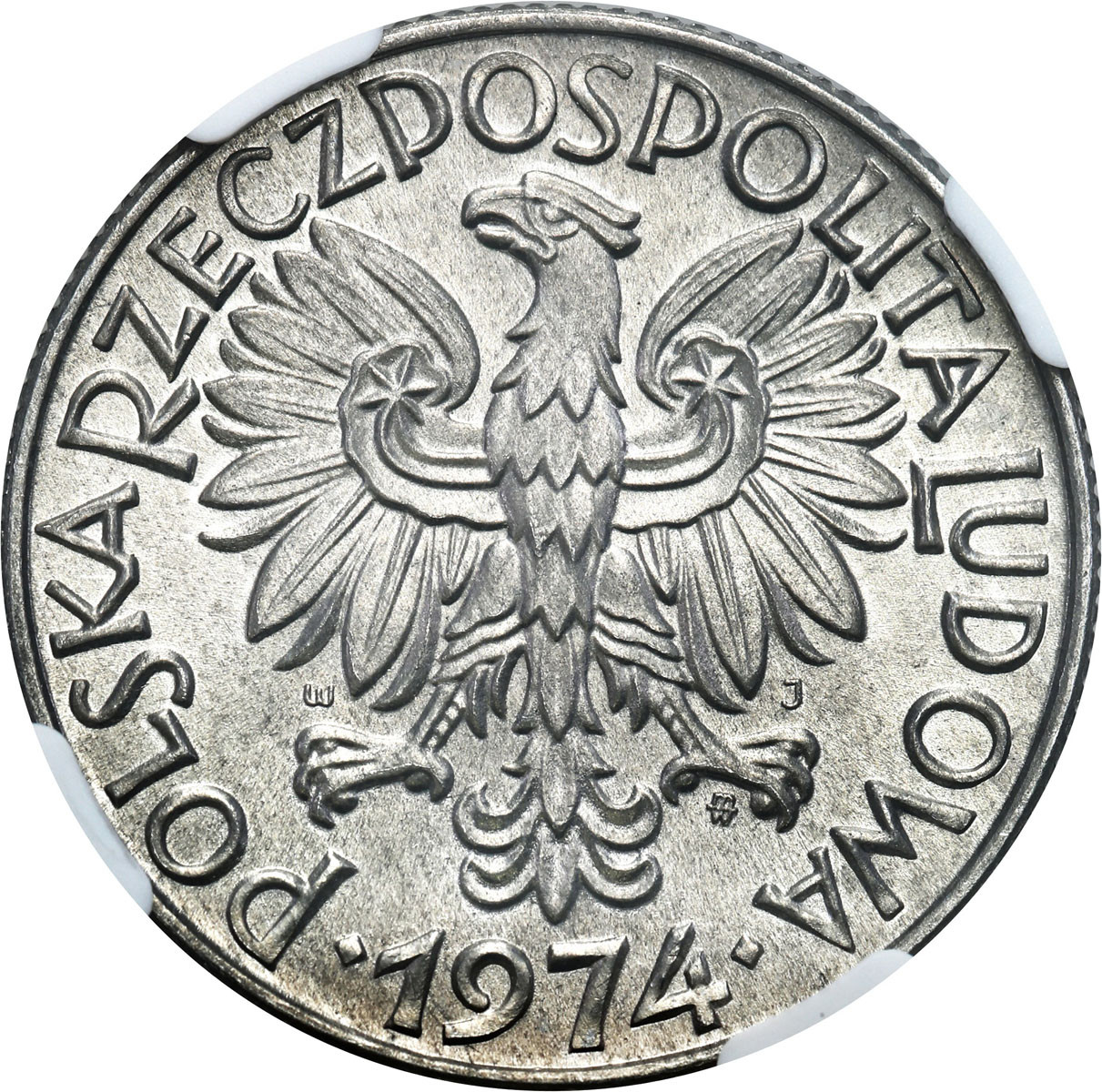 PRL. 5 złotych 1974 Rybak - TRAWKA -  Aluminium NGC MS65 - RZADKOŚĆ